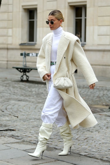 Hailey Bieber is seen leaving a restaurant on February 27, 2020 in Paris, France.