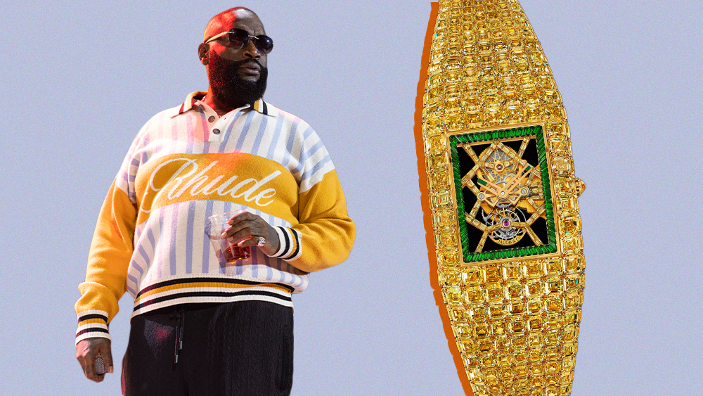 Rick Ross and his new $20 million yellow gold Jacob & Co. watch.